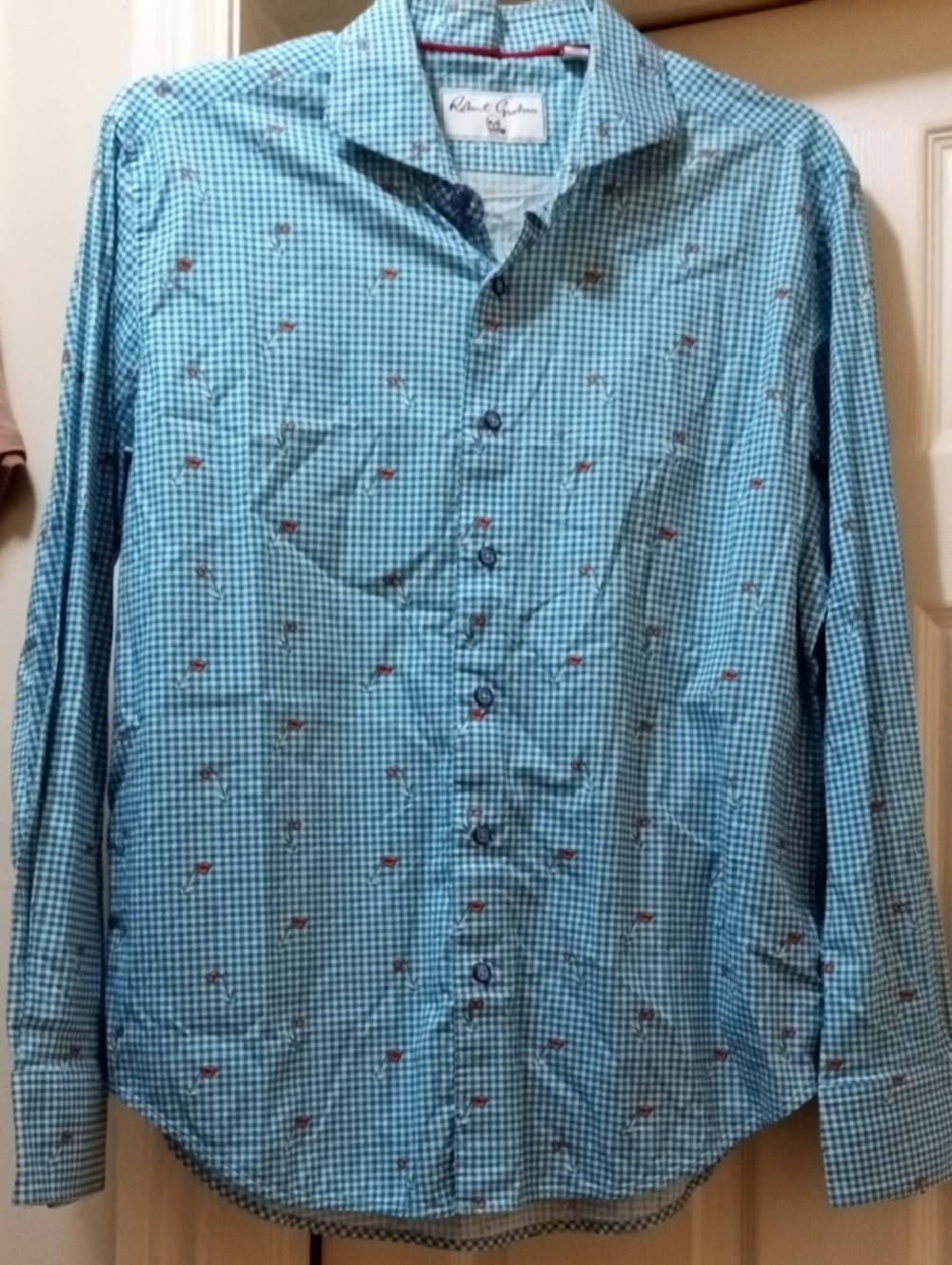 Robert Graham Baby Blue Gingham Button-Down Shirt with Red Accent Motif